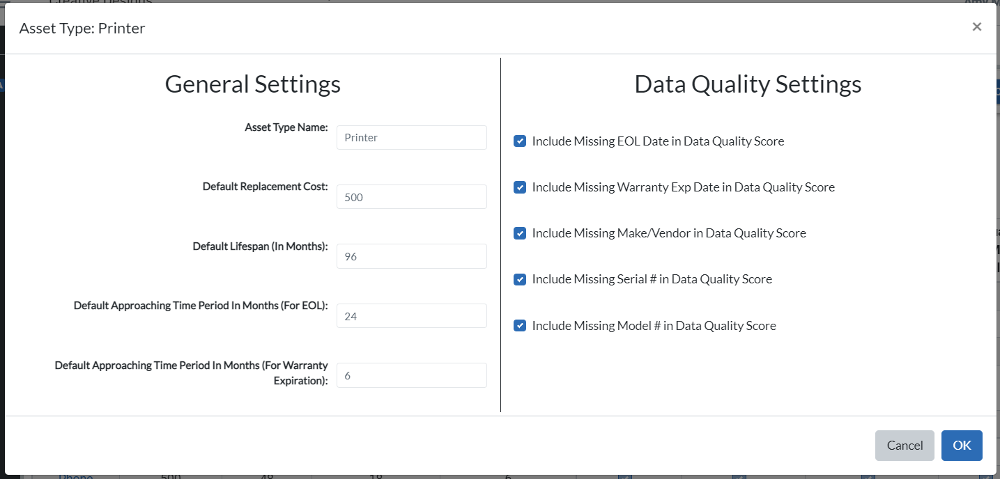 screengrab of asset type modal - change defaults here