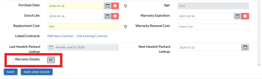 screengrab of warranty details button