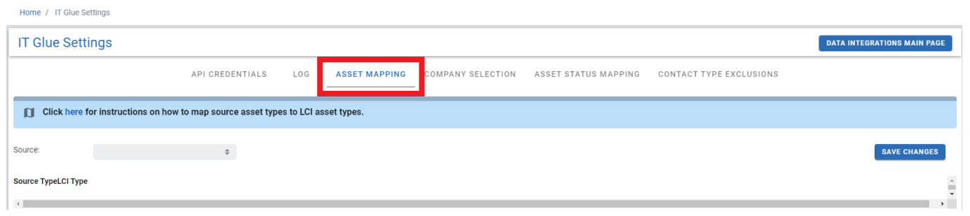 screengrab of integration settings with asset mapping highlighted
