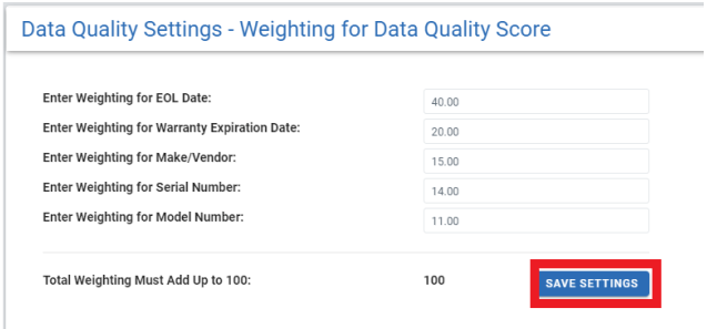 screengrab of data quality settings