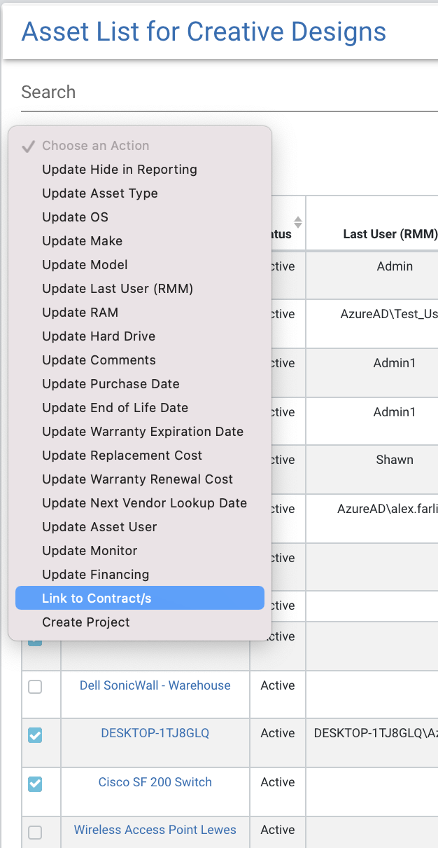 action button and assets selected