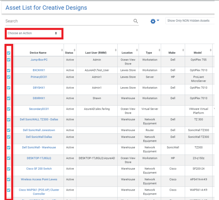 asset list with assets selected