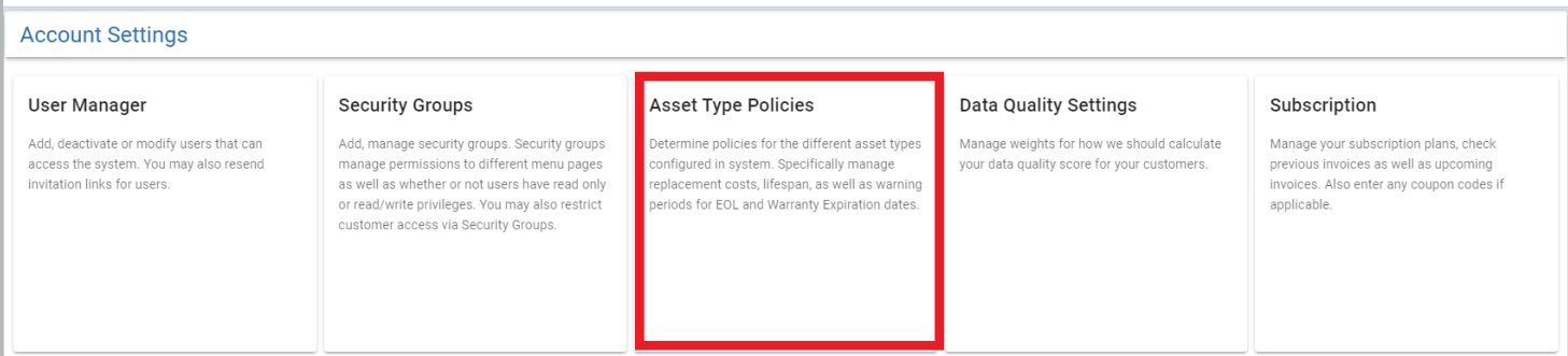 account settings with asset type policies selected