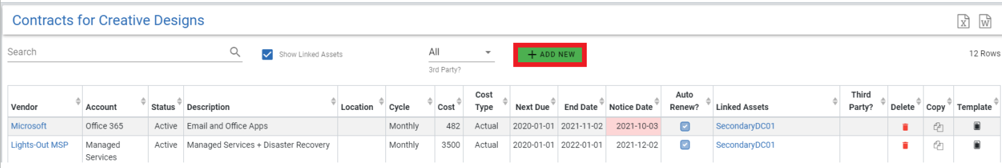 contracts page with add new button highlighted