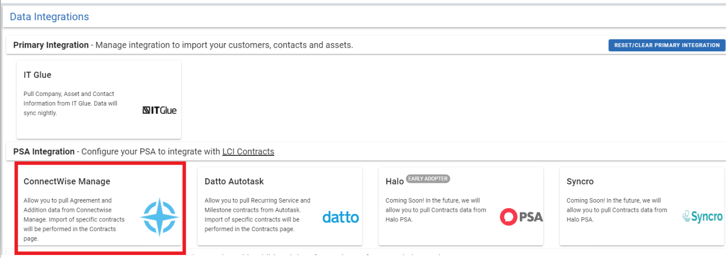 data integrations menu connectwise selected