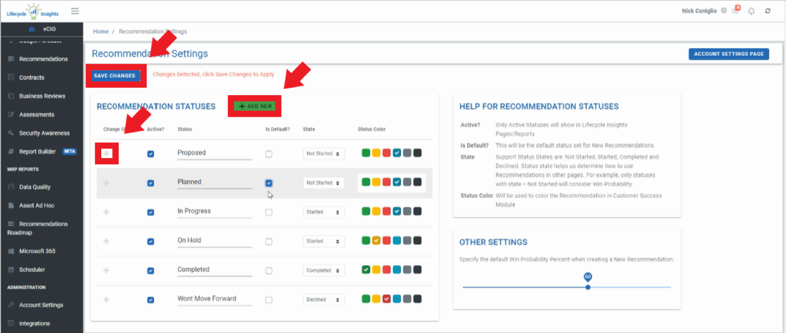 +Add New selected, Status Position selected, Save Changes Selected