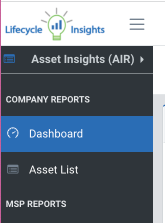 Dashboard selected in menu